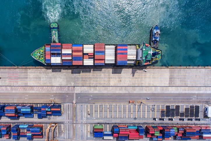 Image of Cargo ship loaded by the harbour